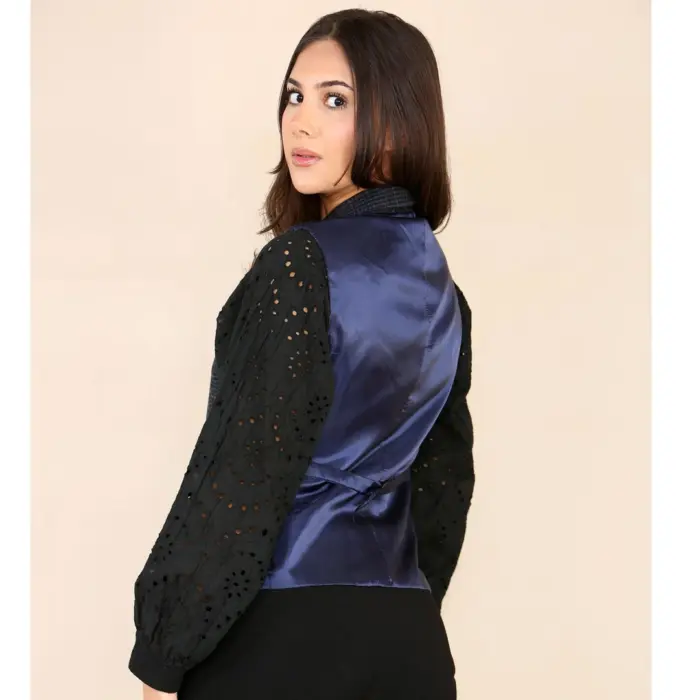 Womens Tweed Check Waistcoat Blazer Suit Navy Blue Classic Vintage Elboy Patch 1920s - Image 12