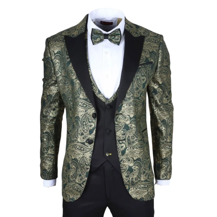 Men's Suit 3 Piece Green Paisley Tailored Fit Wedding Tuxedo - Image 1