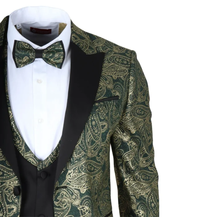 Men's Suit 3 Piece Green Paisley Tailored Fit Wedding Tuxedo - Image 3