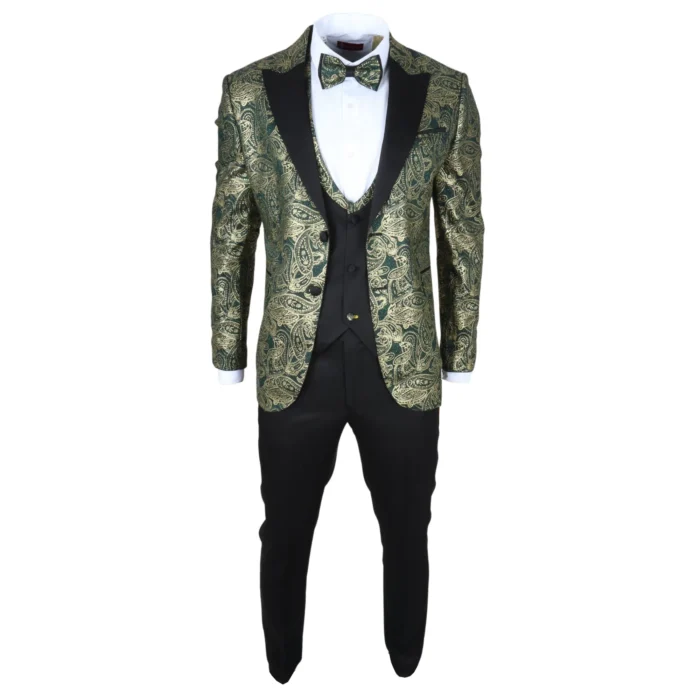 Men's Suit 3 Piece Green Paisley Tailored Fit Wedding Tuxedo - Image 2