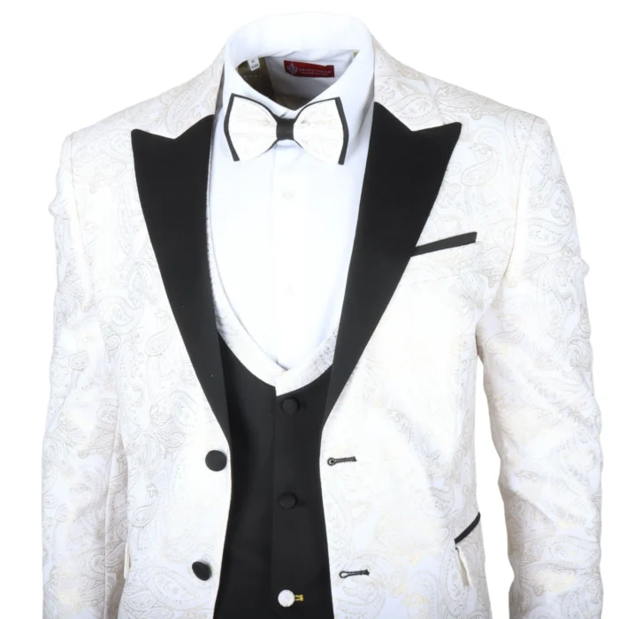 Men's Suit 3 Piece White Paisley Tailored Fit Wedding Tuxedo - Image 2