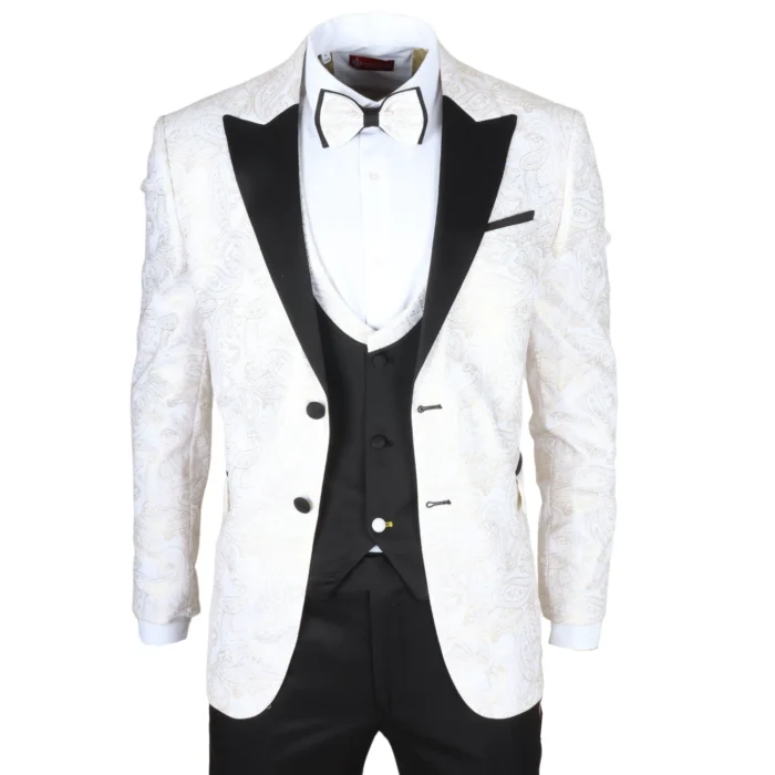 Men's Suit 3 Piece White Paisley Tailored Fit Wedding Tuxedo - Image 1