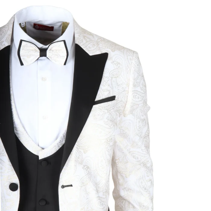 Men's Suit 3 Piece White Paisley Tailored Fit Wedding Tuxedo - Image 3