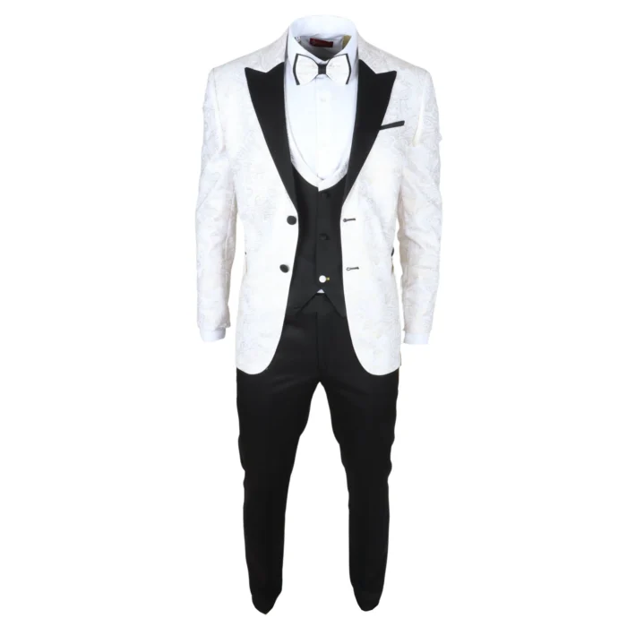 Men's Suit 3 Piece White Paisley Tailored Fit Wedding Tuxedo - Image 4