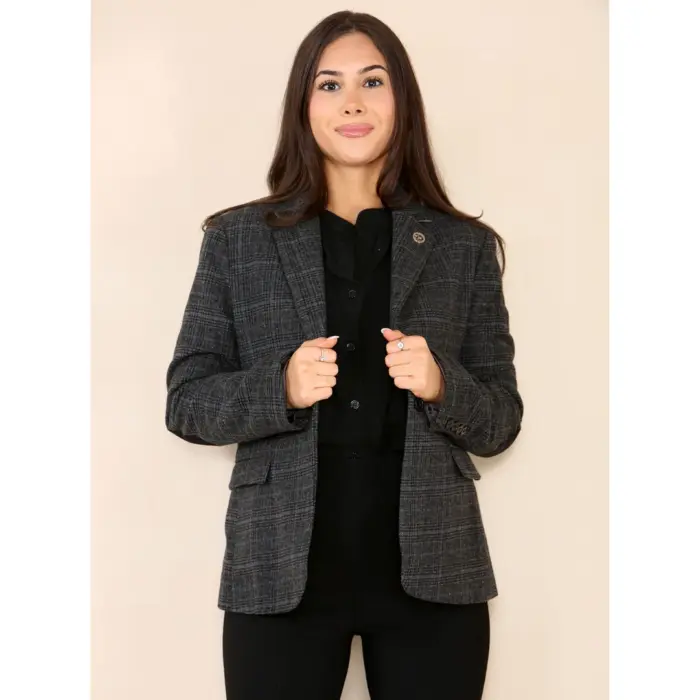 Womens Tweed Check Waistcoat Blazer Suit Grey Classic Vintage Elboy Patch 1920s - Image 2