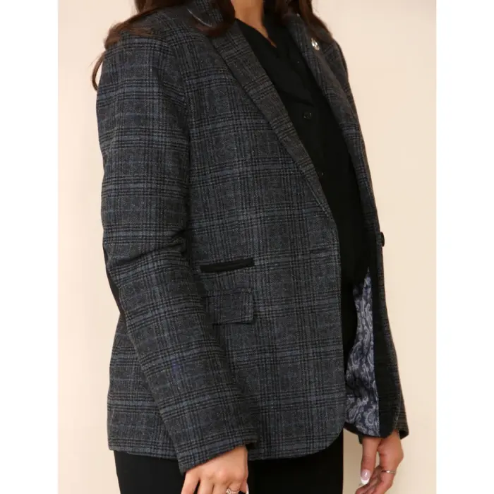 Womens Tweed Check Waistcoat Blazer Suit Grey Classic Vintage Elboy Patch 1920s - Image 10