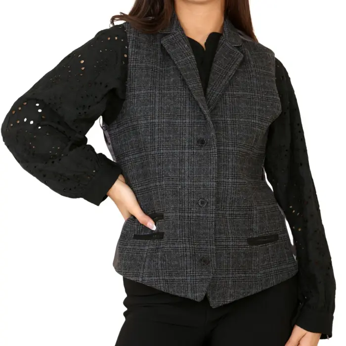 Womens Tweed Check Waistcoat Blazer Suit Grey Classic Vintage Elboy Patch 1920s - Image 7