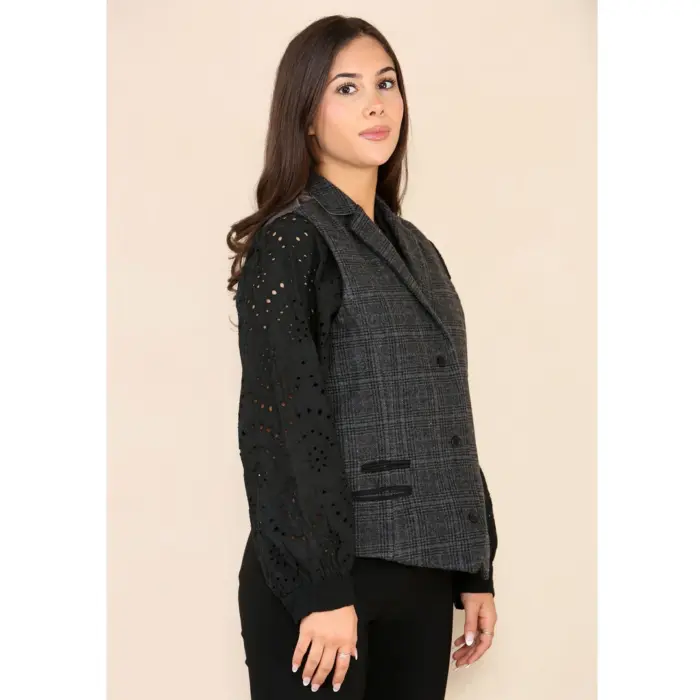 Womens Tweed Check Waistcoat Blazer Suit Grey Classic Vintage Elboy Patch 1920s - Image 6