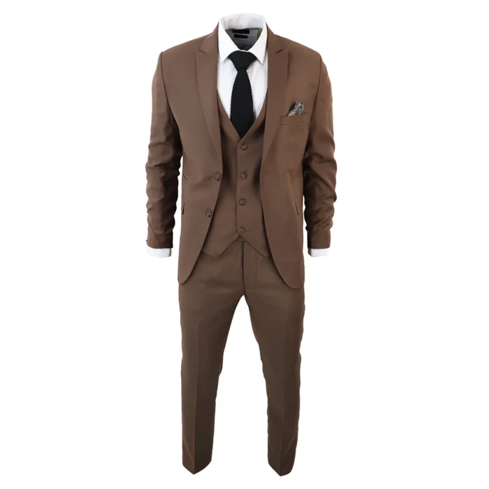 Men's Classic Brown Suit 3 Piece Tailored Fit Vintage Office Wedding Prom - Image 2