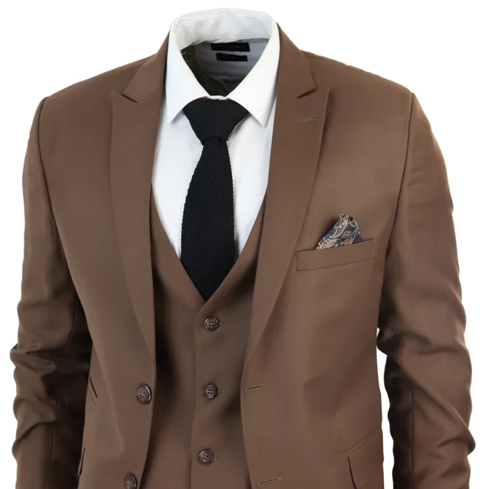 Men's Classic Brown Suit 3 Piece Tailored Fit Vintage Office Wedding Prom - Image 3