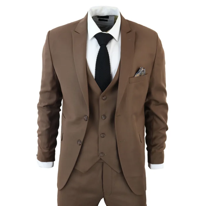 Men's Classic Brown Suit 3 Piece Tailored Fit Vintage Office Wedding Prom - Image 1