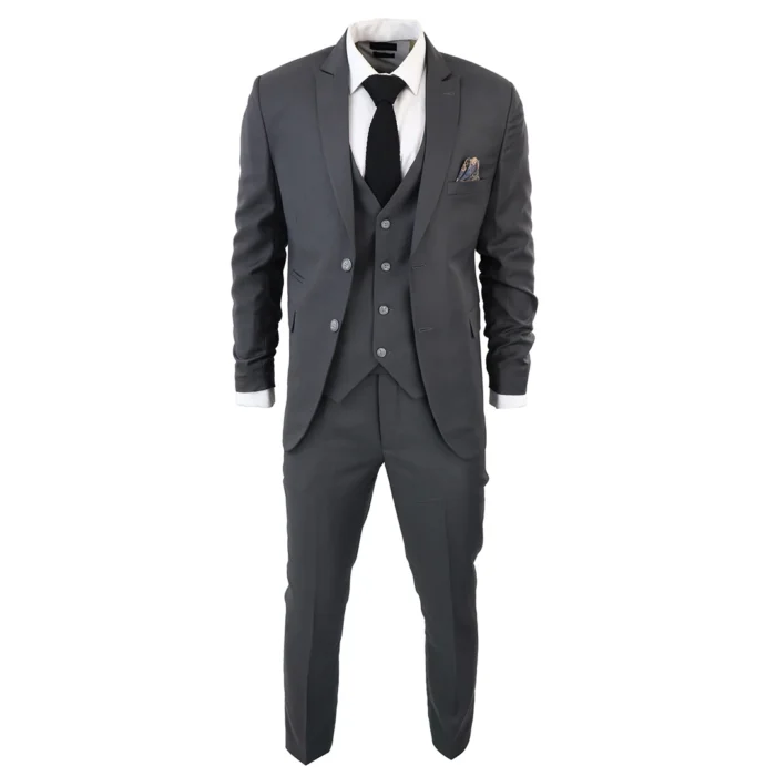 Men's Classic Charcoal Grey Suit 3 Piece Tailored Fit Vintage Office Wedding Prom - Image 2