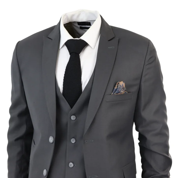 Men's Classic Charcoal Grey Suit 3 Piece Tailored Fit Vintage Office Wedding Prom - Image 3