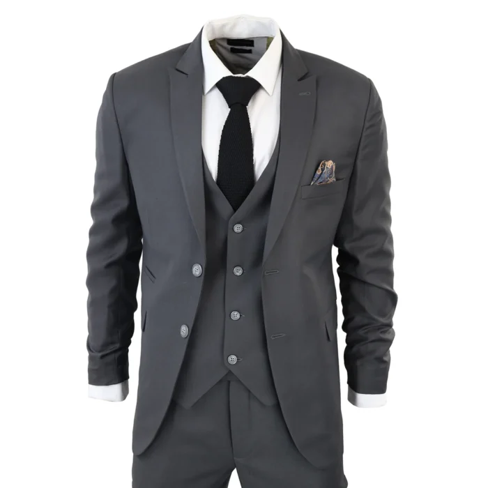 Men's Classic Charcoal Grey Suit 3 Piece Tailored Fit Vintage Office Wedding Prom - Image 1
