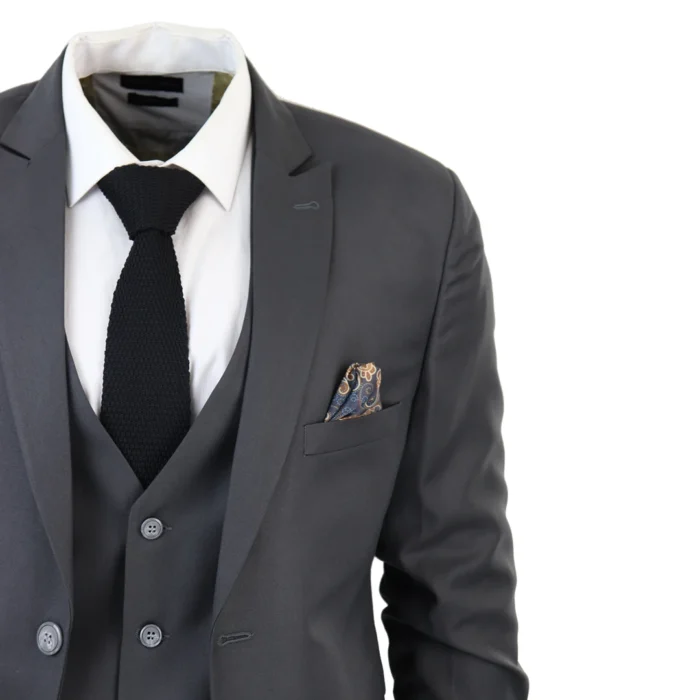 Men's Classic Charcoal Grey Suit 3 Piece Tailored Fit Vintage Office Wedding Prom - Image 4