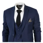 Men's Classic Navy Blue Suit 3 Piece Tailored Fit Vintage Office Wedding Prom - Image 3