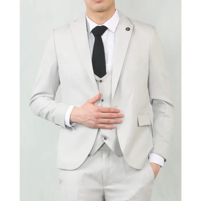 Men's 3 Piece Suit Stone Light Grey Tailored Fit Wedding Classic Prom Formal - Image 1