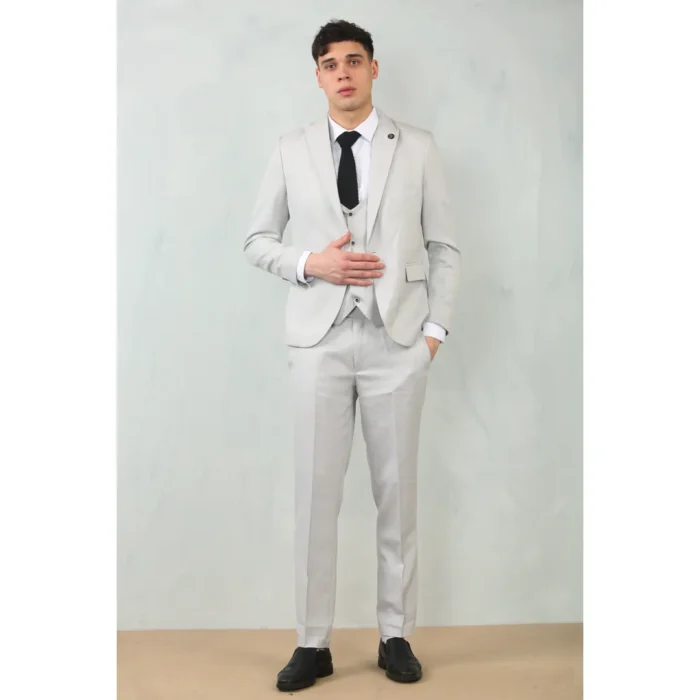 Men's 3 Piece Suit Stone Light Grey Tailored Fit Wedding Classic Prom Formal - Image 2