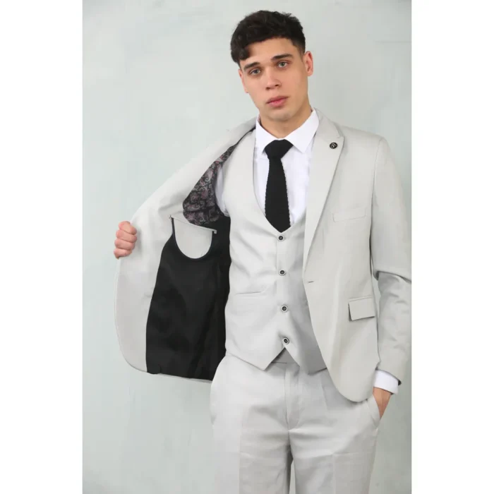 Men's 3 Piece Suit Stone Light Grey Tailored Fit Wedding Classic Prom Formal - Image 3