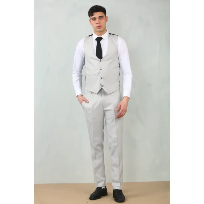 Men's 3 Piece Suit Stone Light Grey Tailored Fit Wedding Classic Prom Formal - Image 4