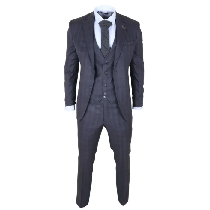IM31 - Men's Charcoal 3 Piece Prince Of Wales Check Suit - Image 2