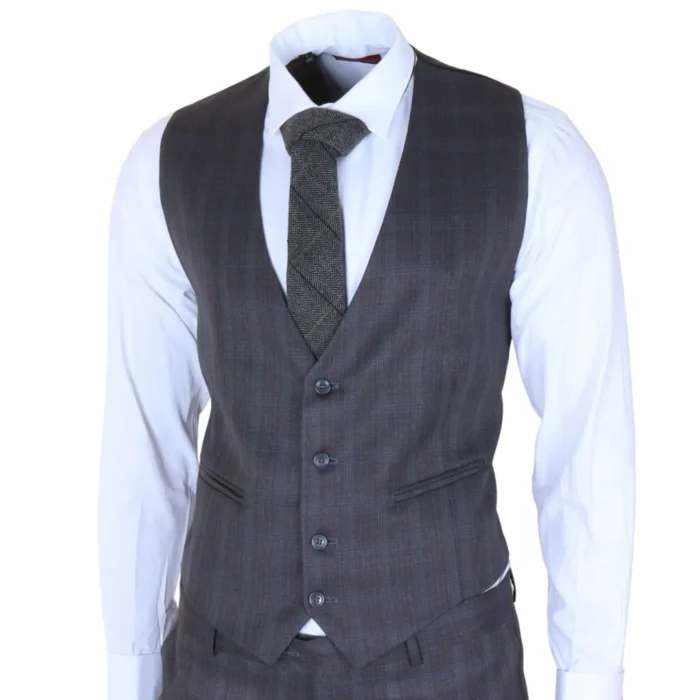 IM31 - Men's Charcoal 3 Piece Prince Of Wales Check Suit - Image 5