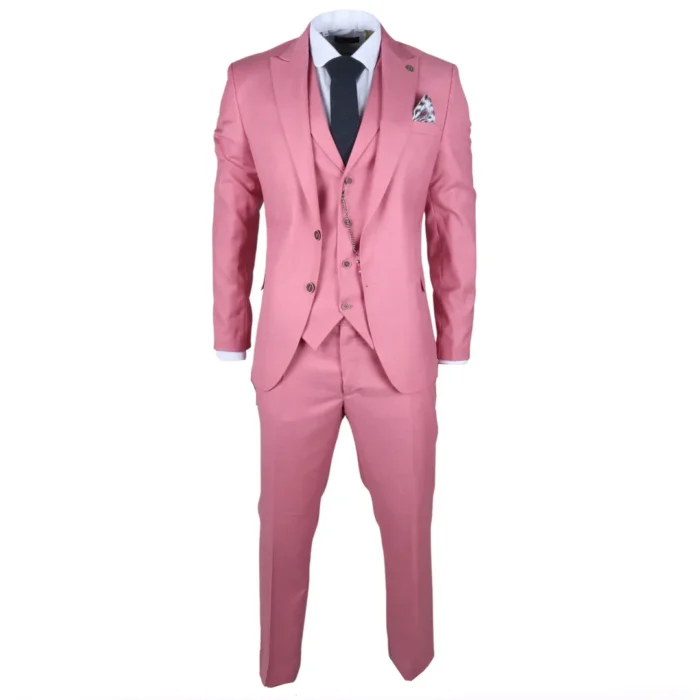 Men's Classic 3 Piece Suit Blush Pink Pocket Chain Wedding Tailored Fit Vintage Formal - Image 3