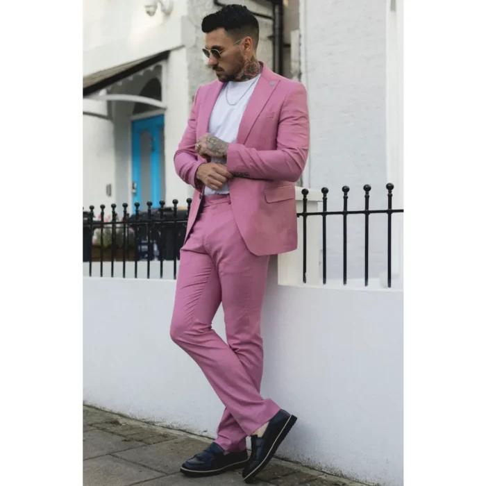 Men's Classic 3 Piece Suit Blush Pink Pocket Chain Wedding Tailored Fit Vintage Formal - Image 2