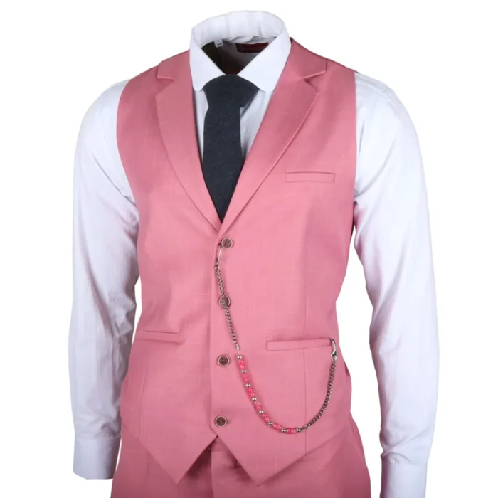 Men's Classic 3 Piece Suit Blush Pink Pocket Chain Wedding Tailored Fit Vintage Formal - Image 6