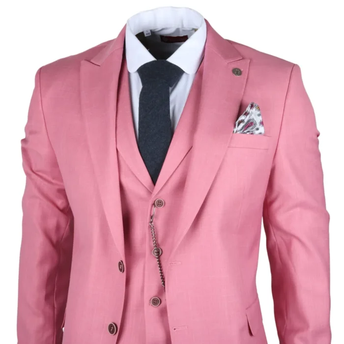 Men's Classic 3 Piece Suit Blush Pink Pocket Chain Wedding Tailored Fit Vintage Formal - Image 5