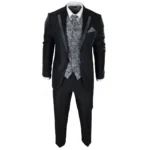 Mens Wedding 3 Piece Black Suit Diamonte Silver Cravat Waistcoat Groom Bestman - Image 2