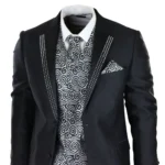 Mens Wedding 3 Piece Black Suit Diamonte Silver Cravat Waistcoat Groom Bestman - Image 3