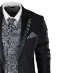 Mens Wedding 3 Piece Black Suit Diamonte Silver Cravat Waistcoat Groom Bestman - Image 4