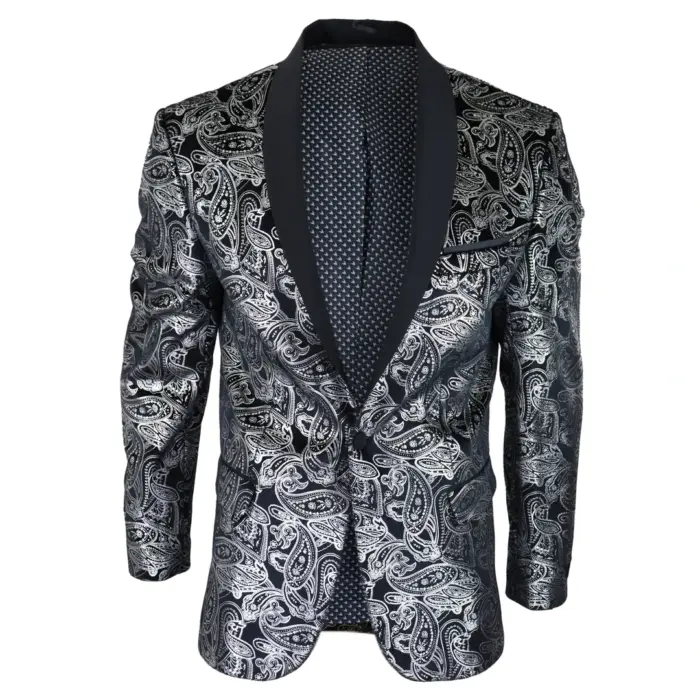 Mens Velvet Paisley Floral Blazer Black Gold Silver Tuxedo Jacket Dinner Suit Tux - Image 6