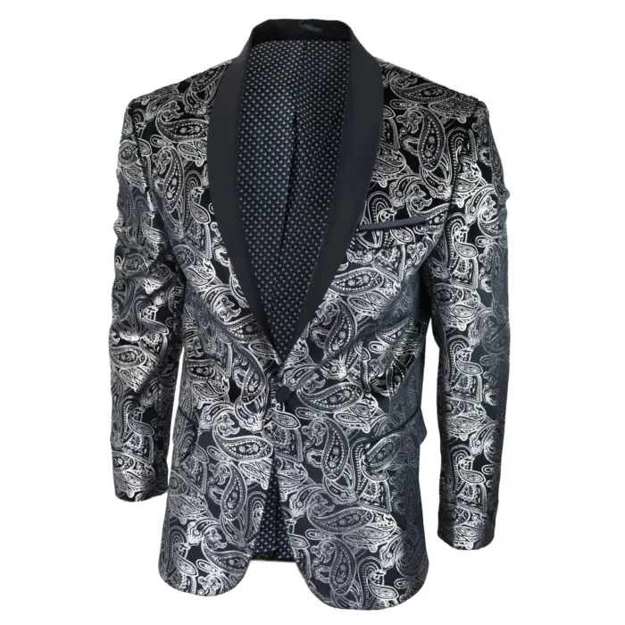 Mens Velvet Paisley Floral Blazer Black Gold Silver Tuxedo Jacket Dinner Suit Tux - Image 10