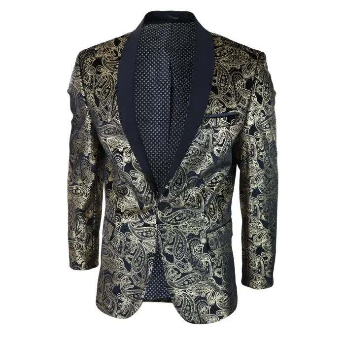 Mens Velvet Paisley Floral Blazer Black Gold Silver Tuxedo Jacket Dinner Suit Tux - Image 2