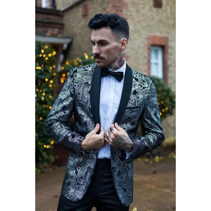 Mens Velvet Paisley Floral Blazer Black Gold Silver Tuxedo Jacket Dinner Suit Tux - Image 7
