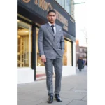 Men's Grey Suit 2 Piece Double Breasted Check Formal Dress - Image 2