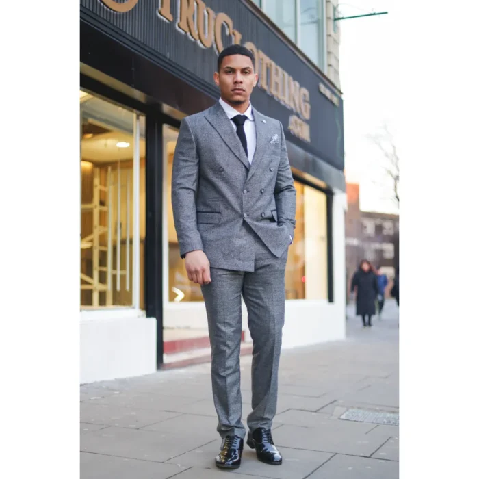 Men's Grey Suit 2 Piece Double Breasted Check Formal Dress - Image 2