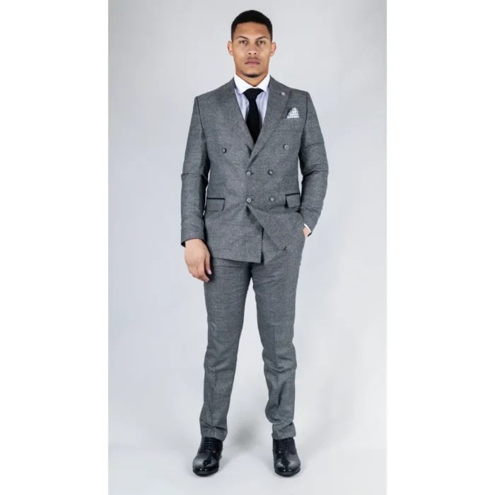 Men's Grey Suit 2 Piece Double Breasted Check Formal Dress - Image 3