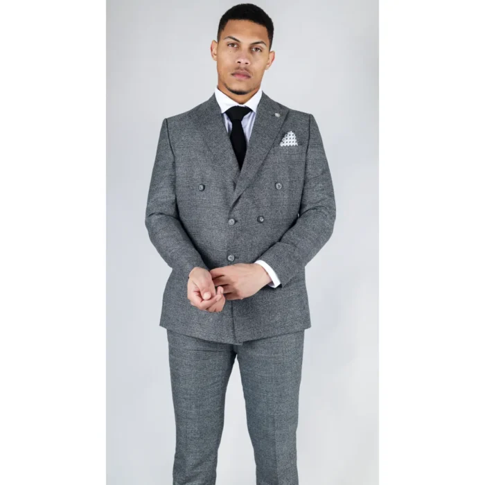 Men's Grey Suit 2 Piece Double Breasted Check Formal Dress - Image 1