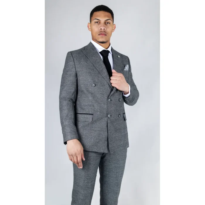 Men's Grey Suit 2 Piece Double Breasted Check Formal Dress - Image 5