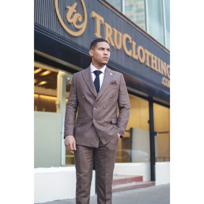 Men's Brown Suit 2 Piece Double Breasted Check Formal Dress - Image 2