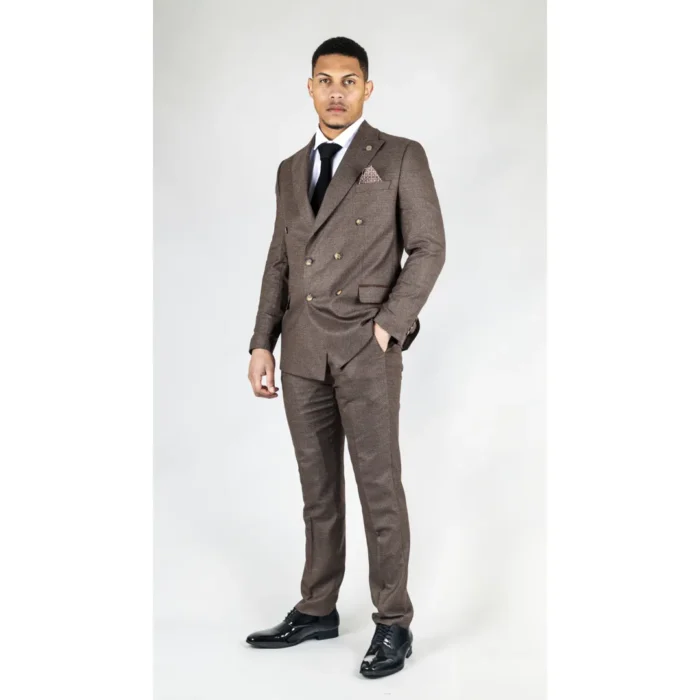 Men's Brown Suit 2 Piece Double Breasted Check Formal Dress - Image 3