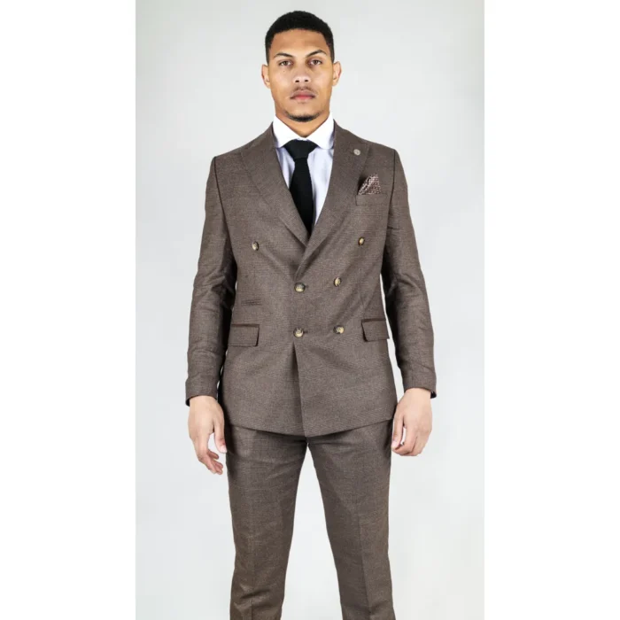 Men's Brown Suit 2 Piece Double Breasted Check Formal Dress - Image 4