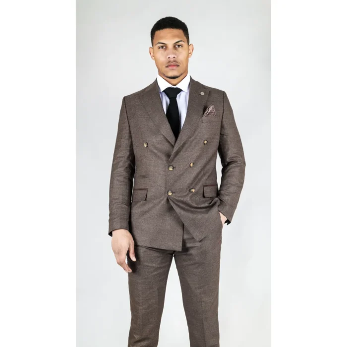 Men's Brown Suit 2 Piece Double Breasted Check Formal Dress - Image 1