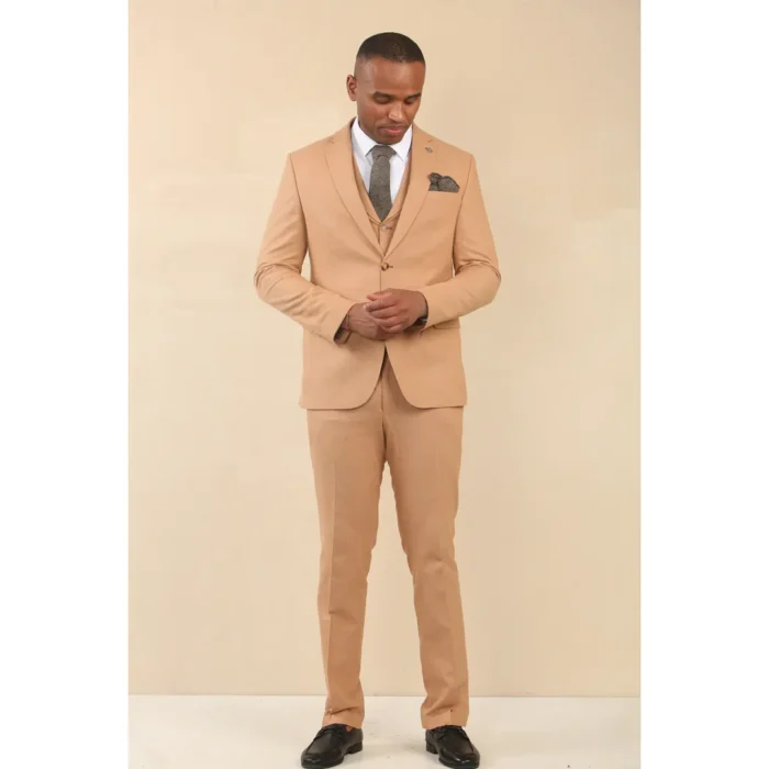 TP-23 - Men's Camel 3 Piece Linen Summer Wedding Suit - Image 2