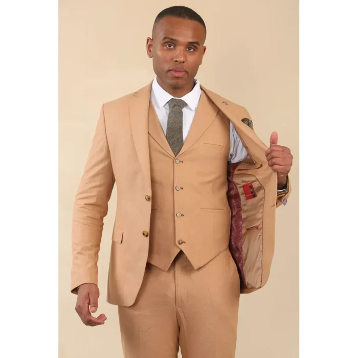 TP-23 - Men's Camel 3 Piece Linen Summer Wedding Suit - Image 3