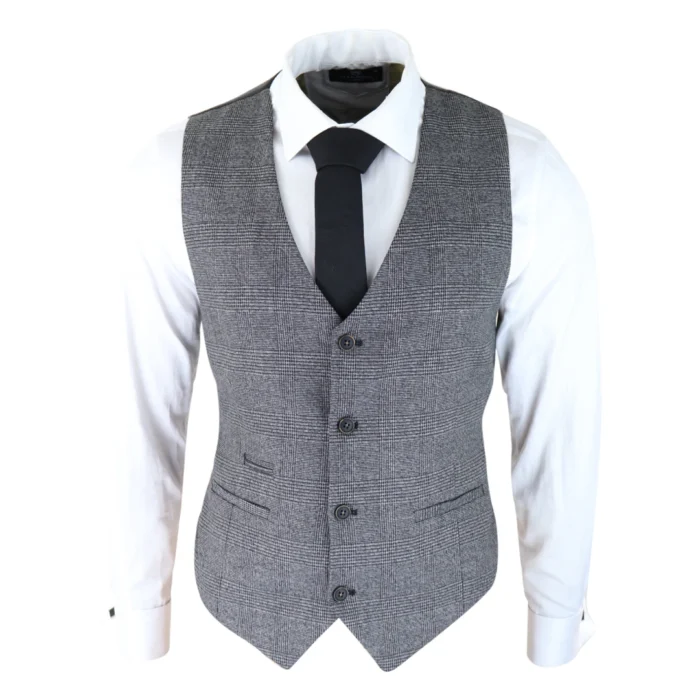 Mens Classic Waistcoat Prince Of Wales Check Grey Slim Fit Vintage Wedding - Image 1