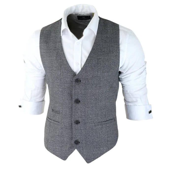 Mens Classic Waistcoat Prince Of Wales Check Grey Slim Fit Vintage Wedding - Image 2